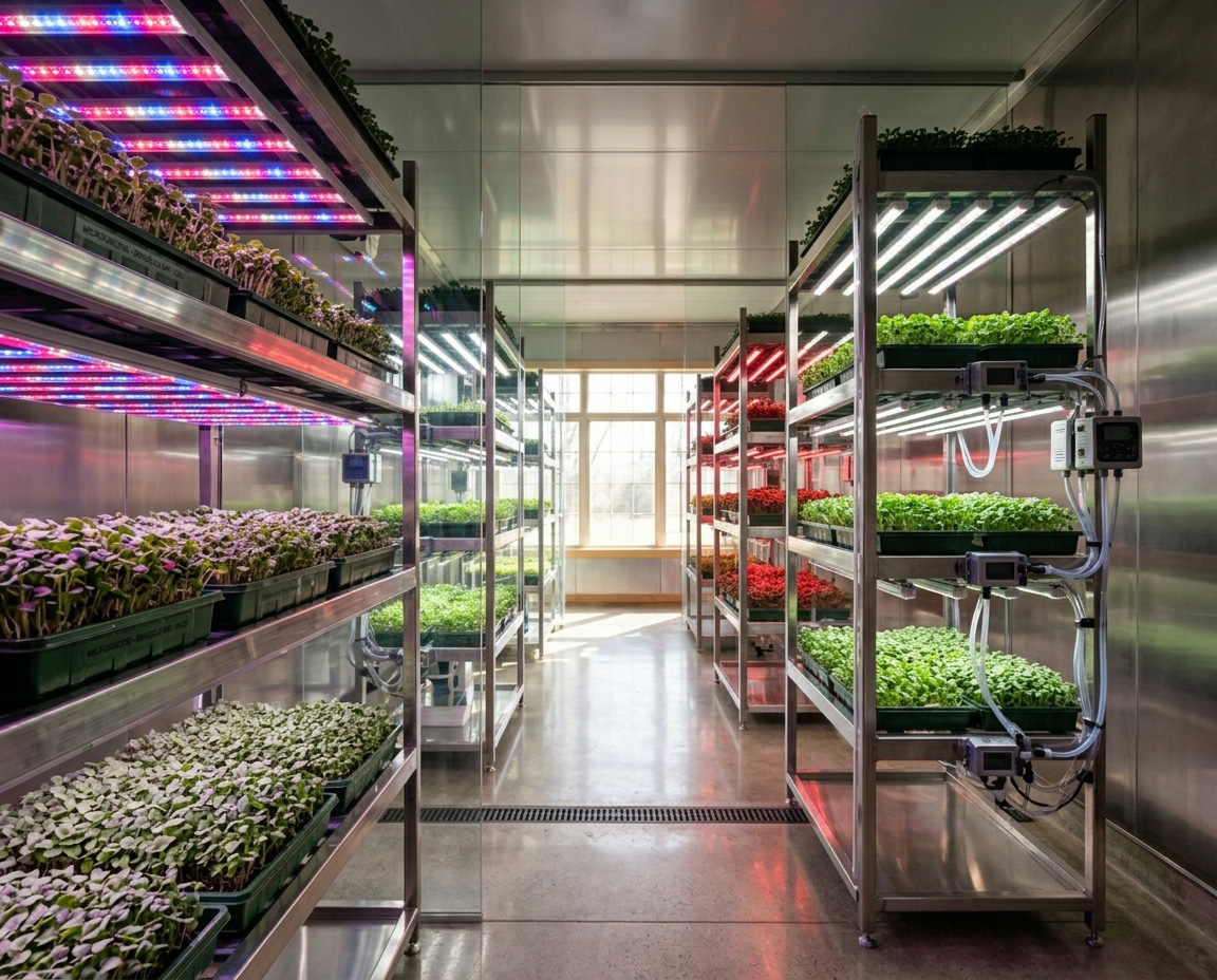 Controlled-environment vertical farm with grow lights