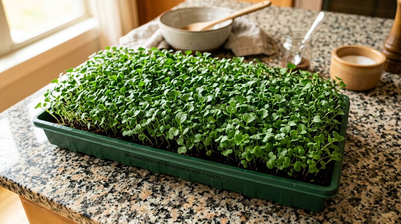 Living microgreens tray on kitchen counter