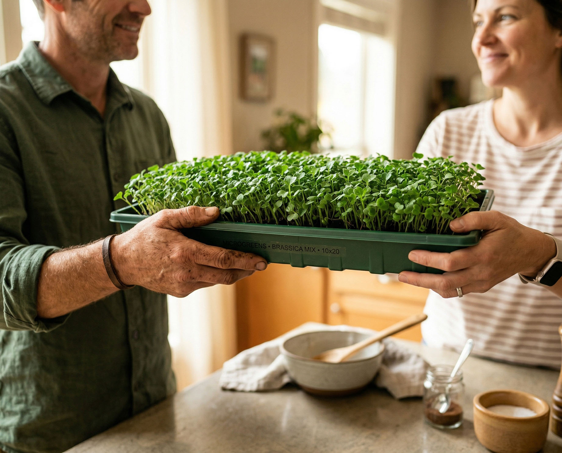 Living microgreens tray being delivered