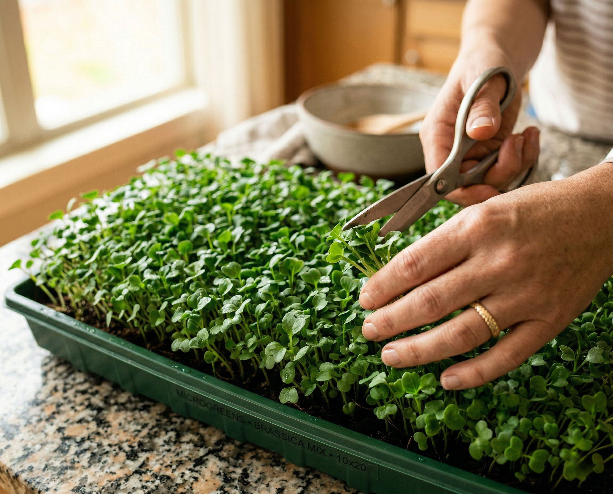 Harvesting fresh microgreens from a living tray
