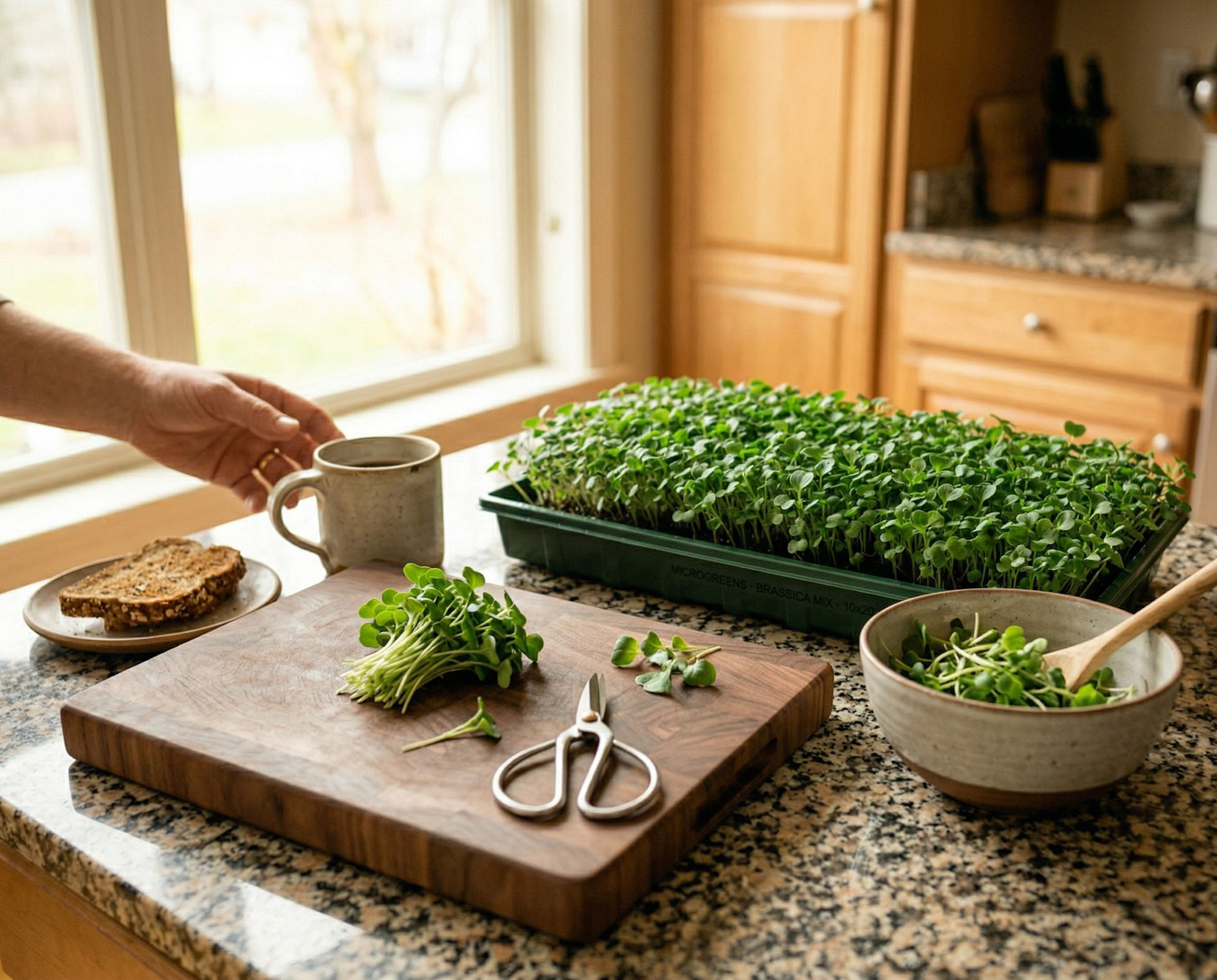 Microgreens tray on kitchen counter